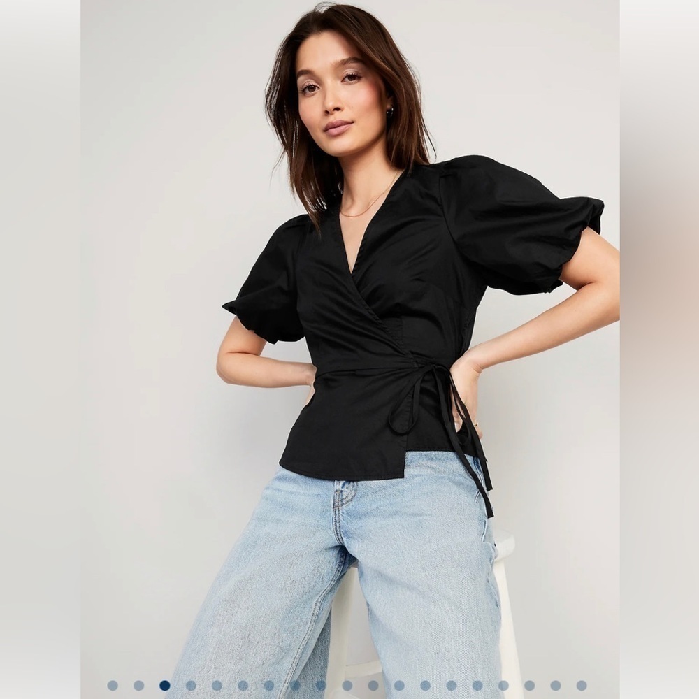 Old Navy Waist-Defined Puff-Sleeve Tie-Wrap Blouse Black S